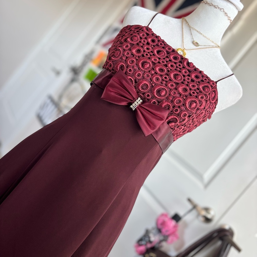Aspeed Strapless Burgundy Lace Bodice Dress with Bow Accent